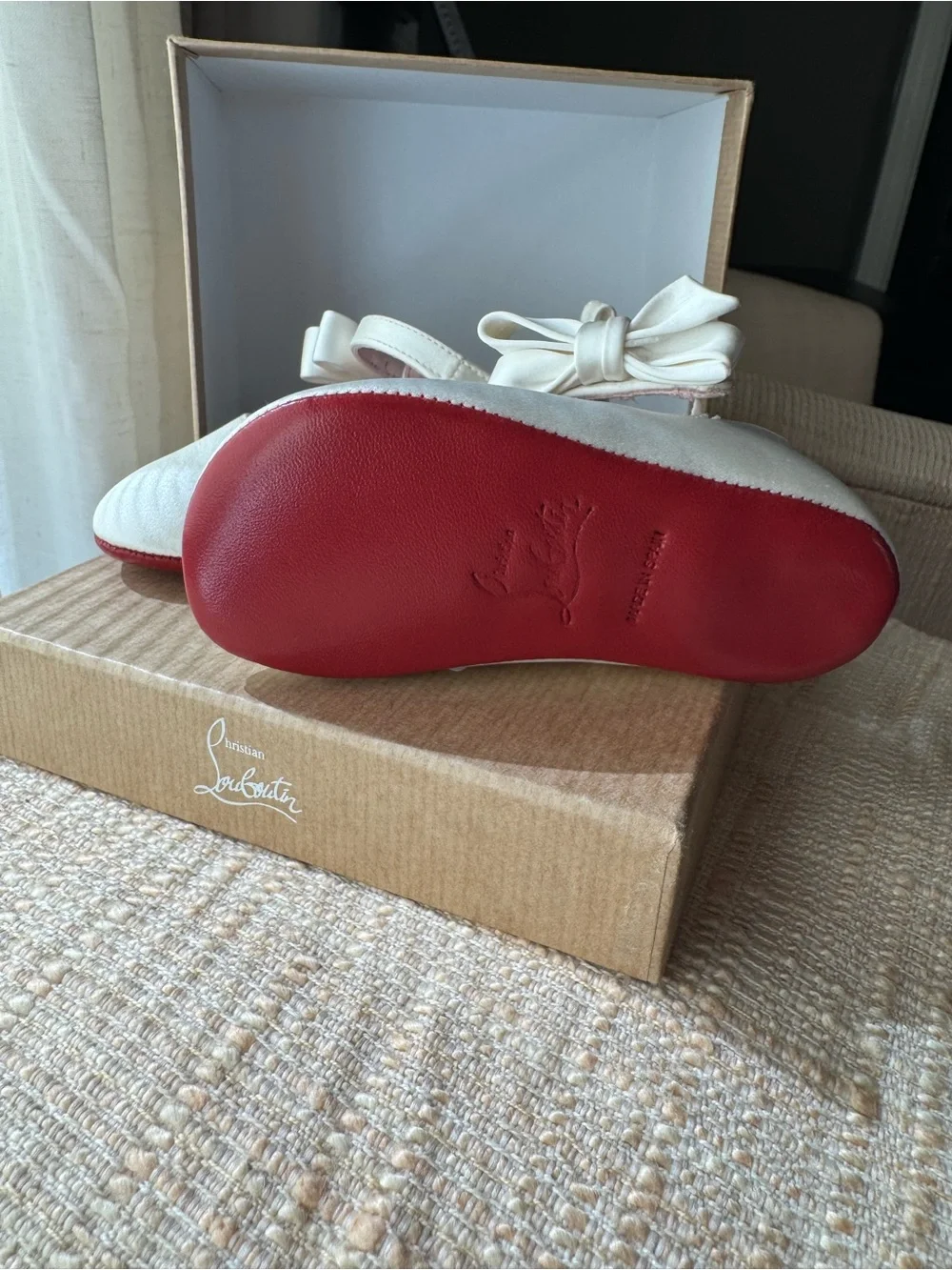 Christian Louboutin Ivory Satin Bow Ballet Flats with Red Sole